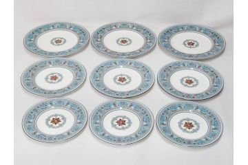 イギリス　WEDGWOOD(ウェッジウッド)　FLORENTINE TURQUOISE(フロレンティーン ターコイズ)　フォーマルな雰囲気漂うプレート9枚セット(グロテスク文様、フルーツ、果物、中皿、洋食器、英国)(R-081221)