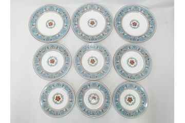 イギリス　WEDGWOOD(ウェッジウッド)　FLORENTINE TURQUOISE(フロレンティーン ターコイズ)　フォーマルな雰囲気漂うプレート9枚セット(グロテスク文様、フルーツ、果物、中皿、洋食器、英国)(R-081221)