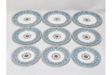イギリス　WEDGWOOD(ウェッジウッド)　FLORENTINE TURQUOISE(フロレンティーン ターコイズ)　エキゾチックなデザインが目を引くプレート9枚セット(グロテスク文様、フルーツ、果物、中皿、洋食器、英国)(R-081222)