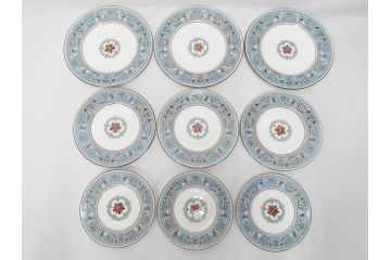 イギリス　WEDGWOOD(ウェッジウッド)　FLORENTINE TURQUOISE(フロレンティーン ターコイズ)　エキゾチックなデザインが目を引くプレート9枚セット(グロテスク文様、フルーツ、果物、中皿、洋食器、英国)(R-081222)