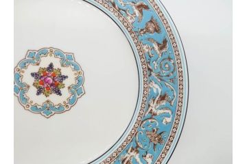 イギリス　WEDGWOOD(ウェッジウッド)　FLORENTINE TURQUOISE(フロレンティーン ターコイズ)　エキゾチックなデザインが目を引くプレート9枚セット(グロテスク文様、フルーツ、果物、中皿、洋食器、英国)(R-081222)