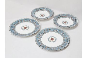 イギリス　WEDGWOOD(ウェッジウッド)　FLORENTINE TURQUOISE(フロレンティーン ターコイズ)　食卓を華やかに演出するプレート4枚セット(グロテスク文様、フルーツ、果物、大皿、スーププレート、洋食器、英国)(R-081223)