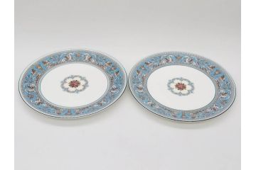 イギリス　WEDGWOOD(ウェッジウッド)　FLORENTINE TURQUOISE(フロレンティーン ターコイズ)　食卓を華やかに演出するプレート4枚セット(グロテスク文様、フルーツ、果物、大皿、スーププレート、洋食器、英国)(R-081223)
