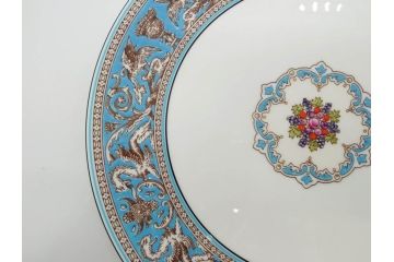 イギリス　WEDGWOOD(ウェッジウッド)　FLORENTINE TURQUOISE(フロレンティーン ターコイズ)　食卓を華やかに演出するプレート4枚セット(グロテスク文様、フルーツ、果物、大皿、スーププレート、洋食器、英国)(R-081223)