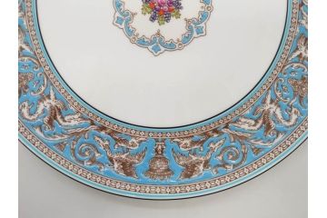 イギリス　WEDGWOOD(ウェッジウッド)　FLORENTINE TURQUOISE(フロレンティーン ターコイズ)　食卓を華やかに演出するプレート4枚セット(グロテスク文様、フルーツ、果物、大皿、スーププレート、洋食器、英国)(R-081223)