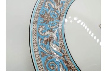 イギリス　WEDGWOOD(ウェッジウッド)　FLORENTINE TURQUOISE(フロレンティーン ターコイズ)　食卓を華やかに演出するプレート4枚セット(グロテスク文様、フルーツ、果物、大皿、スーププレート、洋食器、英国)(R-081223)