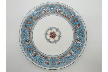 イギリス　WEDGWOOD(ウェッジウッド)　FLORENTINE TURQUOISE(フロレンティーン ターコイズ)　食卓を華やかに演出するプレート4枚セット(グロテスク文様、フルーツ、果物、大皿、スーププレート、洋食器、英国)(R-081223)