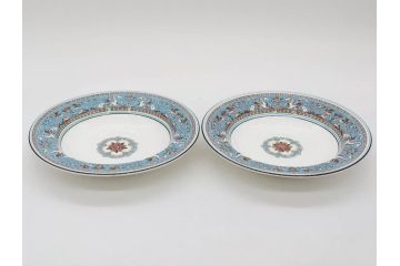 イギリス　WEDGWOOD(ウェッジウッド)　FLORENTINE TURQUOISE(フロレンティーン ターコイズ)　食卓を華やかに演出するプレート4枚セット(グロテスク文様、フルーツ、果物、大皿、スーププレート、洋食器、英国)(R-081223)
