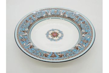 イギリス　WEDGWOOD(ウェッジウッド)　FLORENTINE TURQUOISE(フロレンティーン ターコイズ)　食卓を華やかに演出するプレート4枚セット(グロテスク文様、フルーツ、果物、大皿、スーププレート、洋食器、英国)(R-081223)