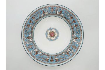 イギリス　WEDGWOOD(ウェッジウッド)　FLORENTINE TURQUOISE(フロレンティーン ターコイズ)　食卓を華やかに演出するプレート4枚セット(グロテスク文様、フルーツ、果物、大皿、スーププレート、洋食器、英国)(R-081223)