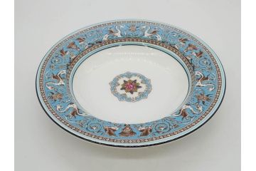 イギリス　WEDGWOOD(ウェッジウッド)　FLORENTINE TURQUOISE(フロレンティーン ターコイズ)　食卓を華やかに演出するプレート4枚セット(グロテスク文様、フルーツ、果物、大皿、スーププレート、洋食器、英国)(R-081223)