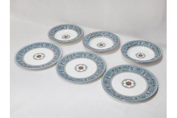 イギリス　WEDGWOOD(ウェッジウッド)　FLORENTINE TURQUOISE(フロレンティーン ターコイズ)　フォーマルで食卓が華やぐプレート3枚&スーププレート3枚セット(グロテスク文様、フルーツ、果物、スープ皿、洋食器、英国)(R-081224)