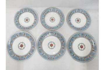 イギリス　WEDGWOOD(ウェッジウッド)　FLORENTINE TURQUOISE(フロレンティーン ターコイズ)　フォーマルで食卓が華やぐプレート3枚&スーププレート3枚セット(グロテスク文様、フルーツ、果物、スープ皿、洋食器、英国)(R-081224)