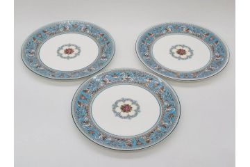 イギリス　WEDGWOOD(ウェッジウッド)　FLORENTINE TURQUOISE(フロレンティーン ターコイズ)　フォーマルで食卓が華やぐプレート3枚&スーププレート3枚セット(グロテスク文様、フルーツ、果物、スープ皿、洋食器、英国)(R-081224)