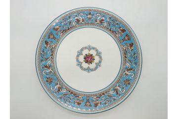 イギリス　WEDGWOOD(ウェッジウッド)　FLORENTINE TURQUOISE(フロレンティーン ターコイズ)　フォーマルで食卓が華やぐプレート3枚&スーププレート3枚セット(グロテスク文様、フルーツ、果物、スープ皿、洋食器、英国)(R-081224)