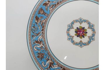 イギリス　WEDGWOOD(ウェッジウッド)　FLORENTINE TURQUOISE(フロレンティーン ターコイズ)　フォーマルで食卓が華やぐプレート3枚&スーププレート3枚セット(グロテスク文様、フルーツ、果物、スープ皿、洋食器、英国)(R-081224)