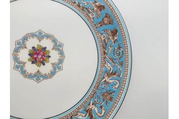 イギリス　WEDGWOOD(ウェッジウッド)　FLORENTINE TURQUOISE(フロレンティーン ターコイズ)　フォーマルで食卓が華やぐプレート3枚&スーププレート3枚セット(グロテスク文様、フルーツ、果物、スープ皿、洋食器、英国)(R-081224)