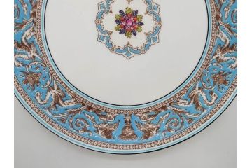イギリス　WEDGWOOD(ウェッジウッド)　FLORENTINE TURQUOISE(フロレンティーン ターコイズ)　フォーマルで食卓が華やぐプレート3枚&スーププレート3枚セット(グロテスク文様、フルーツ、果物、スープ皿、洋食器、英国)(R-081224)