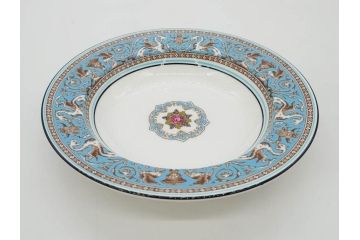 イギリス　WEDGWOOD(ウェッジウッド)　FLORENTINE TURQUOISE(フロレンティーン ターコイズ)　フォーマルで食卓が華やぐプレート3枚&スーププレート3枚セット(グロテスク文様、フルーツ、果物、スープ皿、洋食器、英国)(R-081224)