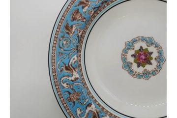 イギリス　WEDGWOOD(ウェッジウッド)　FLORENTINE TURQUOISE(フロレンティーン ターコイズ)　フォーマルで食卓が華やぐプレート3枚&スーププレート3枚セット(グロテスク文様、フルーツ、果物、スープ皿、洋食器、英国)(R-081224)