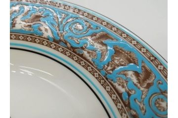 イギリス　WEDGWOOD(ウェッジウッド)　FLORENTINE TURQUOISE(フロレンティーン ターコイズ)　フォーマルで食卓が華やぐプレート3枚&スーププレート3枚セット(グロテスク文様、フルーツ、果物、スープ皿、洋食器、英国)(R-081224)