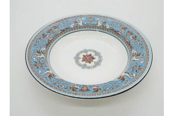 イギリス　WEDGWOOD(ウェッジウッド)　FLORENTINE TURQUOISE(フロレンティーン ターコイズ)　フォーマルで食卓が華やぐプレート3枚&スーププレート3枚セット(グロテスク文様、フルーツ、果物、スープ皿、洋食器、英国)(R-081224)