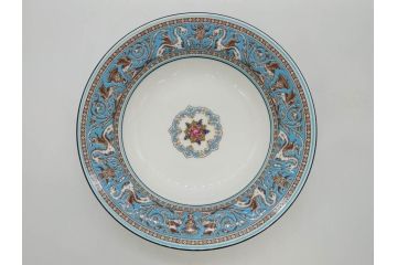 イギリス　WEDGWOOD(ウェッジウッド)　FLORENTINE TURQUOISE(フロレンティーン ターコイズ)　フォーマルで食卓が華やぐプレート3枚&スーププレート3枚セット(グロテスク文様、フルーツ、果物、スープ皿、洋食器、英国)(R-081224)