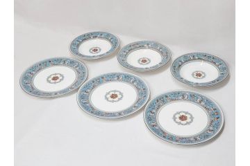 イギリス　WEDGWOOD(ウェッジウッド)　FLORENTINE TURQUOISE(フロレンティーン ターコイズ)　フォーマルで食卓が華やぐプレート3枚&スーププレート3枚セット(グロテスク文様、フルーツ、果物、スープ皿、洋食器、英国)(R-081225)