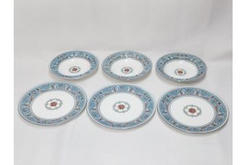イギリス　WEDGWOOD(ウェッジウッド)　FLORENTINE TURQUOISE(フロレンティーン ターコイズ)　フォーマルで食卓が華やぐプレート3枚&スーププレート3枚セット(グロテスク文様、フルーツ、果物、スープ皿、洋食器、英国)(R-081225)