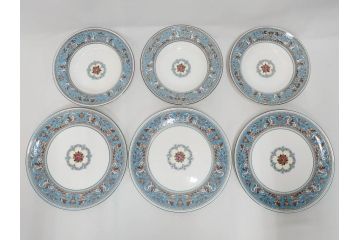 イギリス　WEDGWOOD(ウェッジウッド)　FLORENTINE TURQUOISE(フロレンティーン ターコイズ)　フォーマルで食卓が華やぐプレート3枚&スーププレート3枚セット(グロテスク文様、フルーツ、果物、スープ皿、洋食器、英国)(R-081225)