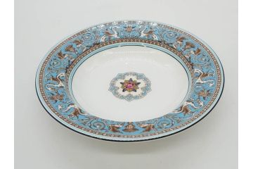 イギリス　WEDGWOOD(ウェッジウッド)　FLORENTINE TURQUOISE(フロレンティーン ターコイズ)　フォーマルで食卓が華やぐプレート3枚&スーププレート3枚セット(グロテスク文様、フルーツ、果物、スープ皿、洋食器、英国)(R-081225)