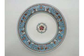 イギリス　WEDGWOOD(ウェッジウッド)　FLORENTINE TURQUOISE(フロレンティーン ターコイズ)　フォーマルで食卓が華やぐプレート3枚&スーププレート3枚セット(グロテスク文様、フルーツ、果物、スープ皿、洋食器、英国)(R-081225)