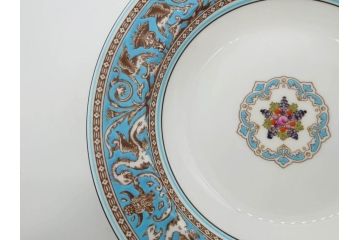 イギリス　WEDGWOOD(ウェッジウッド)　FLORENTINE TURQUOISE(フロレンティーン ターコイズ)　フォーマルで食卓が華やぐプレート3枚&スーププレート3枚セット(グロテスク文様、フルーツ、果物、スープ皿、洋食器、英国)(R-081225)