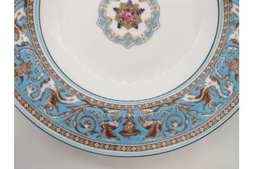 イギリス　WEDGWOOD(ウェッジウッド)　FLORENTINE TURQUOISE(フロレンティーン ターコイズ)　フォーマルで食卓が華やぐプレート3枚&スーププレート3枚セット(グロテスク文様、フルーツ、果物、スープ皿、洋食器、英国)(R-081225)