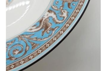 イギリス　WEDGWOOD(ウェッジウッド)　FLORENTINE TURQUOISE(フロレンティーン ターコイズ)　フォーマルで食卓が華やぐプレート3枚&スーププレート3枚セット(グロテスク文様、フルーツ、果物、スープ皿、洋食器、英国)(R-081225)