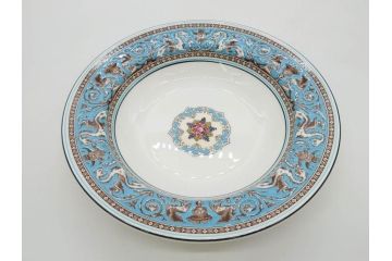 イギリス　WEDGWOOD(ウェッジウッド)　FLORENTINE TURQUOISE(フロレンティーン ターコイズ)　フォーマルで食卓が華やぐプレート3枚&スーププレート3枚セット(グロテスク文様、フルーツ、果物、スープ皿、洋食器、英国)(R-081225)