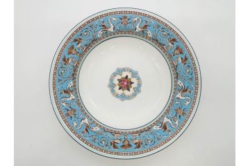 イギリス　WEDGWOOD(ウェッジウッド)　FLORENTINE TURQUOISE(フロレンティーン ターコイズ)　フォーマルで食卓が華やぐプレート3枚&スーププレート3枚セット(グロテスク文様、フルーツ、果物、スープ皿、洋食器、英国)(R-081225)