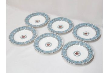 イギリス　WEDGWOOD(ウェッジウッド)　FLORENTINE TURQUOISE(フロレンティーン ターコイズ)　優雅な一時を過ごせるスーププレート6枚セット(グロテスク文様、スープ皿、深皿、洋食器、英国)(R-081226)