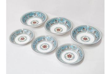 イギリス　WEDGWOOD(ウェッジウッド)　FLORENTINE TURQUOISE(フロレンティーン ターコイズ)　クラシックなデザインの気品あふれるボウル大小6枚セット(グロテスク文様、深皿、サラダボウル、サラダソーサー、洋食器、英国)(R-081227)