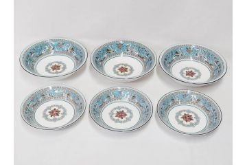 イギリス　WEDGWOOD(ウェッジウッド)　FLORENTINE TURQUOISE(フロレンティーン ターコイズ)　クラシックなデザインの気品あふれるボウル大小6枚セット(グロテスク文様、深皿、サラダボウル、サラダソーサー、洋食器、英国)(R-081227)
