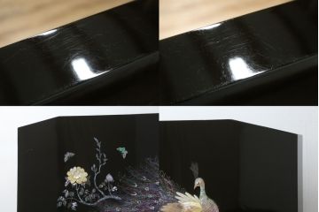 中古　民芸家具　花鳥図　牡丹に蝶　孔雀　梅に雀　見事な螺鈿細工をあしらった漆塗りの衝立て(つい立て、衝い立て、間仕切り、パーテーション、ディスプレイ)(R-081231)