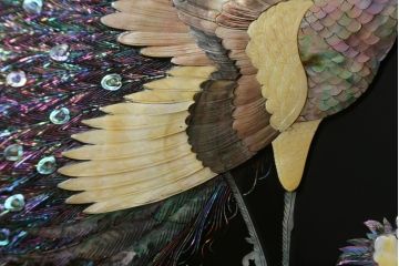中古　民芸家具　花鳥図　牡丹に蝶　孔雀　梅に雀　見事な螺鈿細工をあしらった漆塗りの衝立て(つい立て、衝い立て、間仕切り、パーテーション、ディスプレイ)(R-081231)