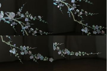 中古　民芸家具　花鳥図　牡丹に蝶　孔雀　梅に雀　見事な螺鈿細工をあしらった漆塗りの衝立て(つい立て、衝い立て、間仕切り、パーテーション、ディスプレイ)(R-081231)
