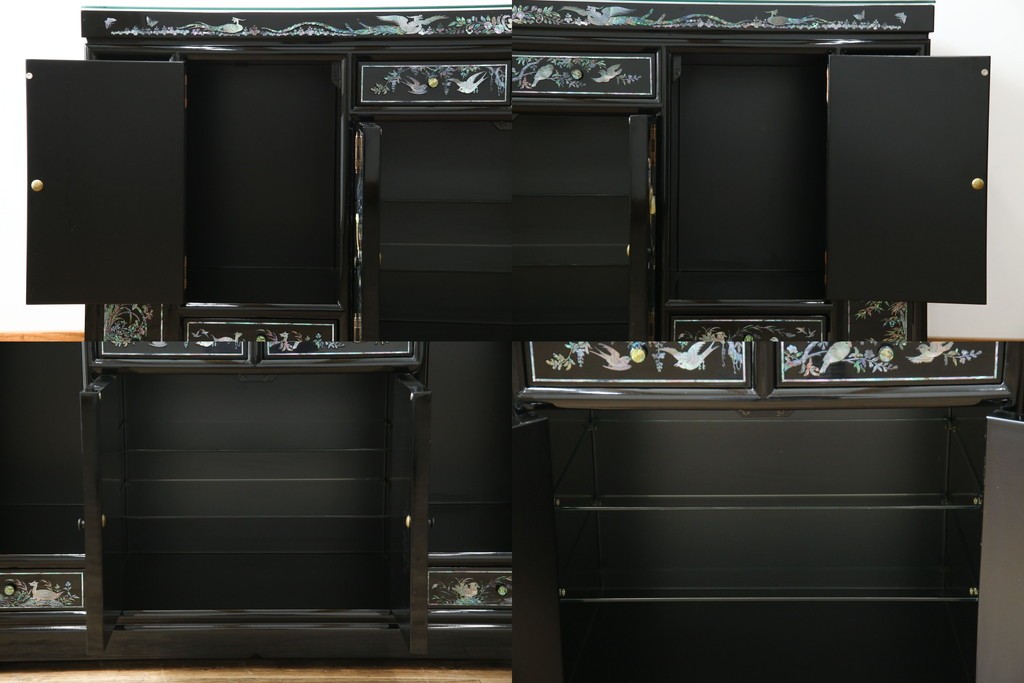 中古　美品!!　高級品　韓国民芸家具　孔雀　鳳凰(ホウオウ)　花鳥図　蝶図　煌びやかで美しい螺鈿(ラデン)細工が見事なガラス天板のサイドボード　定価約150万円相当　(R-081234)