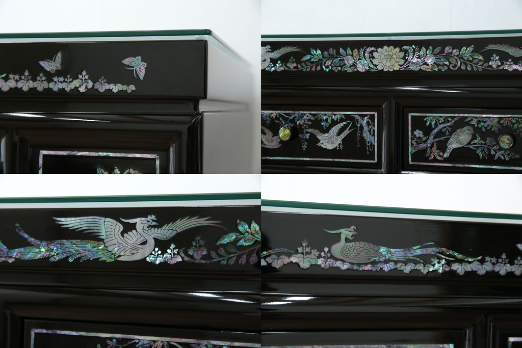 中古　美品!!　高級品　韓国民芸家具　孔雀　鳳凰(ホウオウ)　花鳥図　蝶図　煌びやかで美しい螺鈿(ラデン)細工が見事なガラス天板のサイドボード　定価約150万円相当　(R-081234)