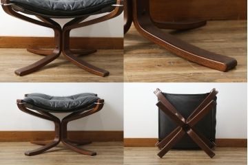 北欧ビンテージ　美品　ノルウェー　バットネ(Vatne)　スペシャル　オットマン付きは珍しい!くつろぎ感が抜群のファルコンチェアとオットマンセット(ラウンジチェア、アームレスチェア、フットスツール、椅子、イス、ヴィンテージ)(R-081252)