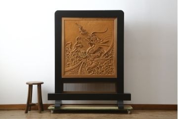 和製ビンテージ　美品!!　大迫力!!　秀峰作　緻密な龍と牡丹(ボタン)の彫刻が目を惹く衝立て(パーテーション、衝い立て、つい立て、間仕切り、ヴィンテージ)(製作費約200万円)(R-081254)