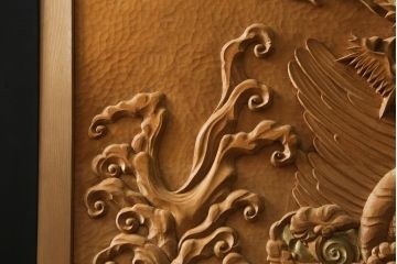 和製ビンテージ　美品!!　大迫力!!　秀峰作　緻密な龍と牡丹(ボタン)の彫刻が目を惹く衝立て(パーテーション、衝い立て、つい立て、間仕切り、ヴィンテージ)(製作費約200万円)(R-081254)