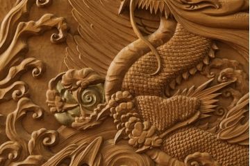 和製ビンテージ　美品!!　大迫力!!　秀峰作　緻密な龍と牡丹(ボタン)の彫刻が目を惹く衝立て(パーテーション、衝い立て、つい立て、間仕切り、ヴィンテージ)(製作費約200万円)(R-081254)
