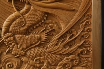 和製ビンテージ　美品!!　大迫力!!　秀峰作　緻密な龍と牡丹(ボタン)の彫刻が目を惹く衝立て(パーテーション、衝い立て、つい立て、間仕切り、ヴィンテージ)(製作費約200万円)(R-081254)